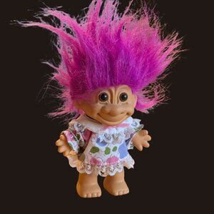 10/$25 Vintage 90s Russ Troll Doll – Flower Dress, Pink Hair (Needs TLC)